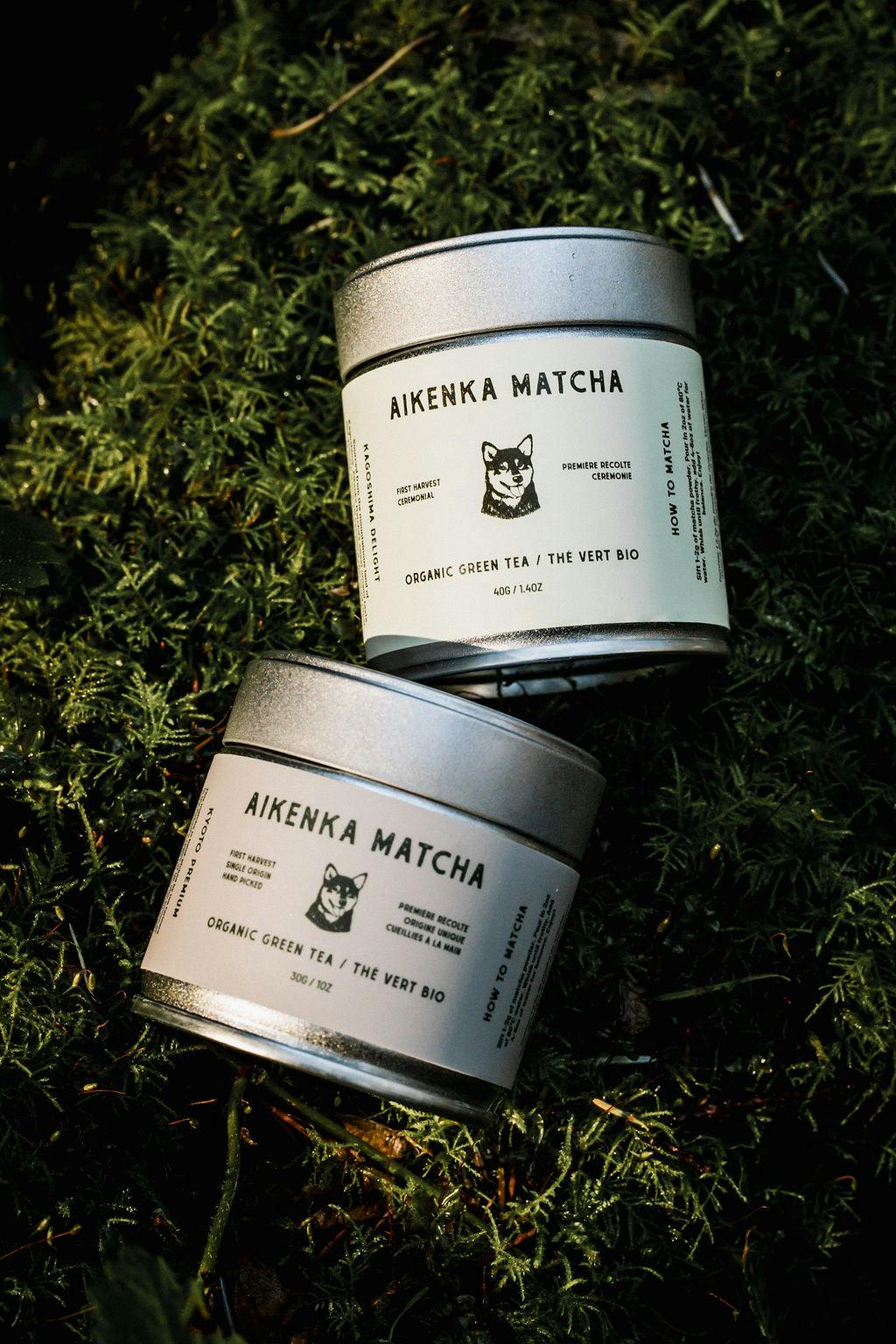 30g and 40g matcha tin cans in the forest, Aikenka Matcha